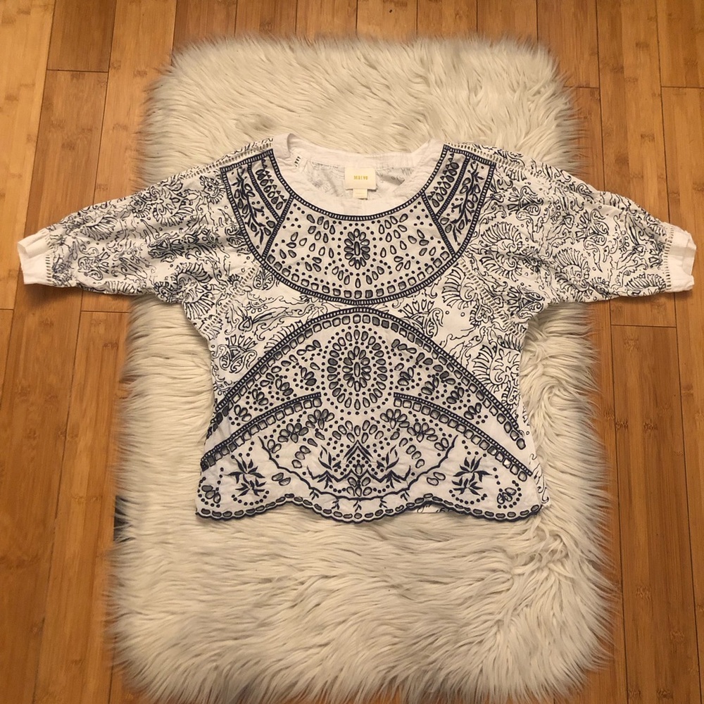 Anthropologie Maeve Ester Eyelet Embroidered Scalloped Blue White Top size XS/S - Picture 4 of 15